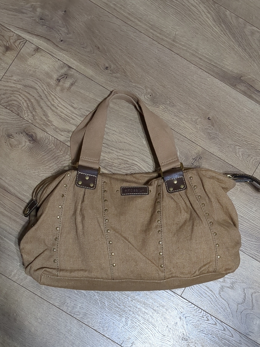 FOSSIL Tan Soft Canvas Brown Leather Gold Studded Tote Shoulder Bag